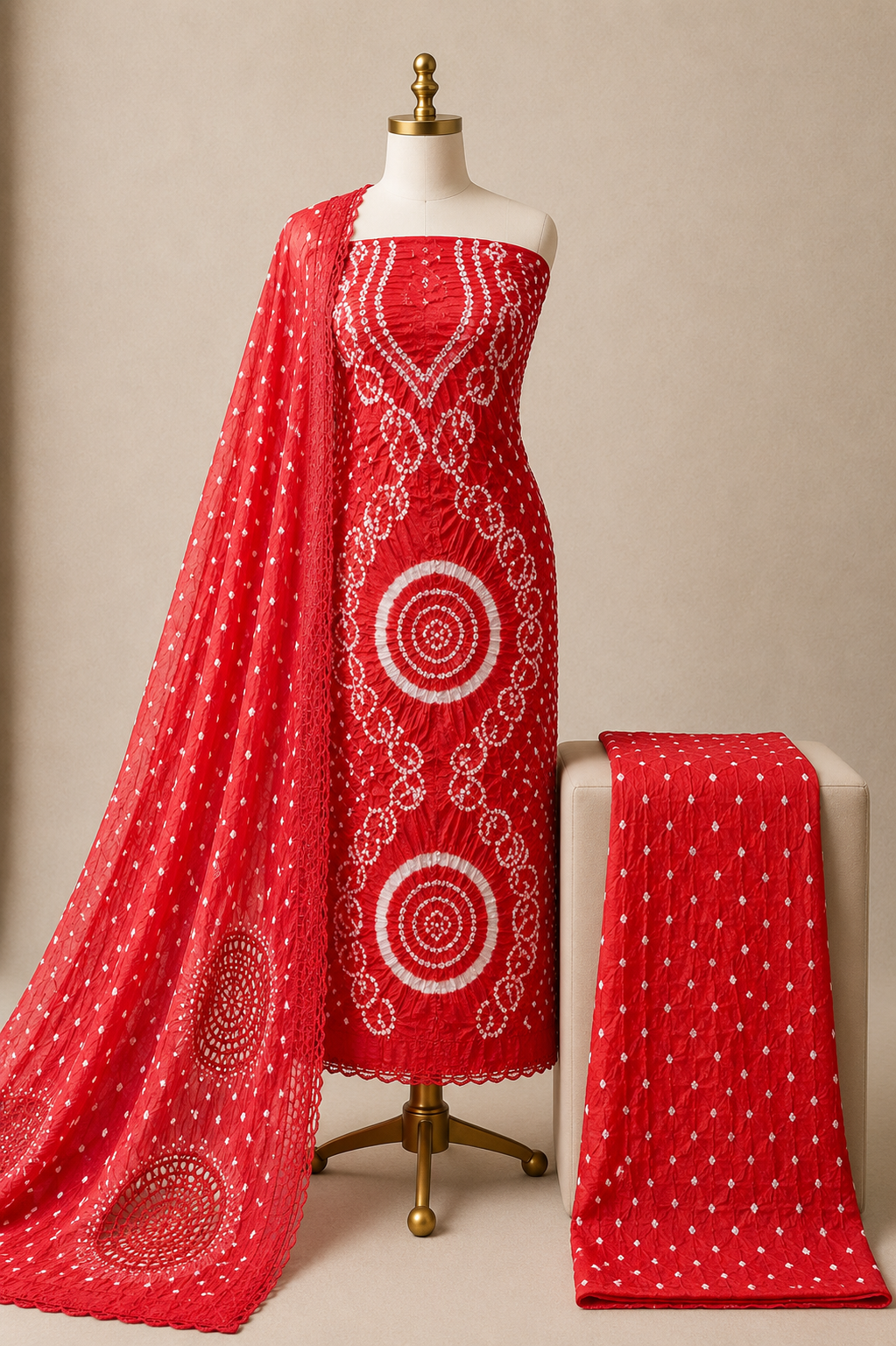 Cotton Satin Authentic Handmade Kutch 3Pc Bandhani Dress Material