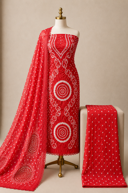 Cotton Satin Authentic Handmade Kutch 3Pc Bandhani Dress Material