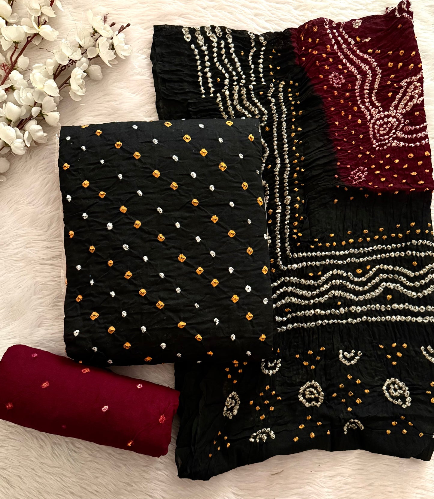 Cotton Satin Heavy Bandhej Work Contrast Kutch Bandhani Dress Material (Unstitched)