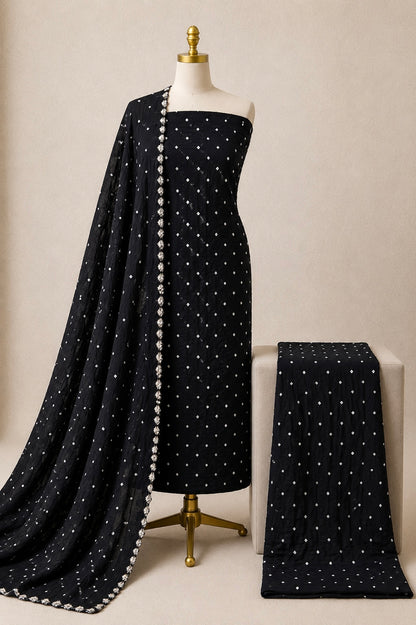 Cotton Satin Self Color Kutch 3Pc Unstitched Bandhani Dress Material