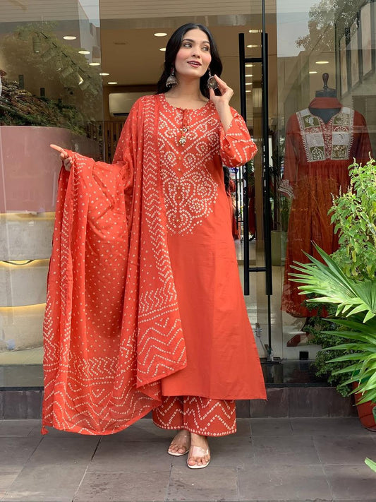Ethenika Orange Bandhani Kurti Pant Dupatta Set Ready to Wear for Women