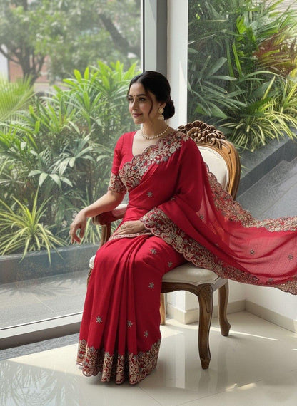 Soft Fendi Chiffone Embroidery Cut Work Designer Saree