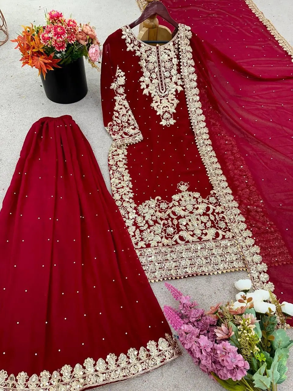 Eid Special Designer Moti with Embroidery Work Kurti Sharara Dupatta Set (Ready to Wear) Ethenika.com