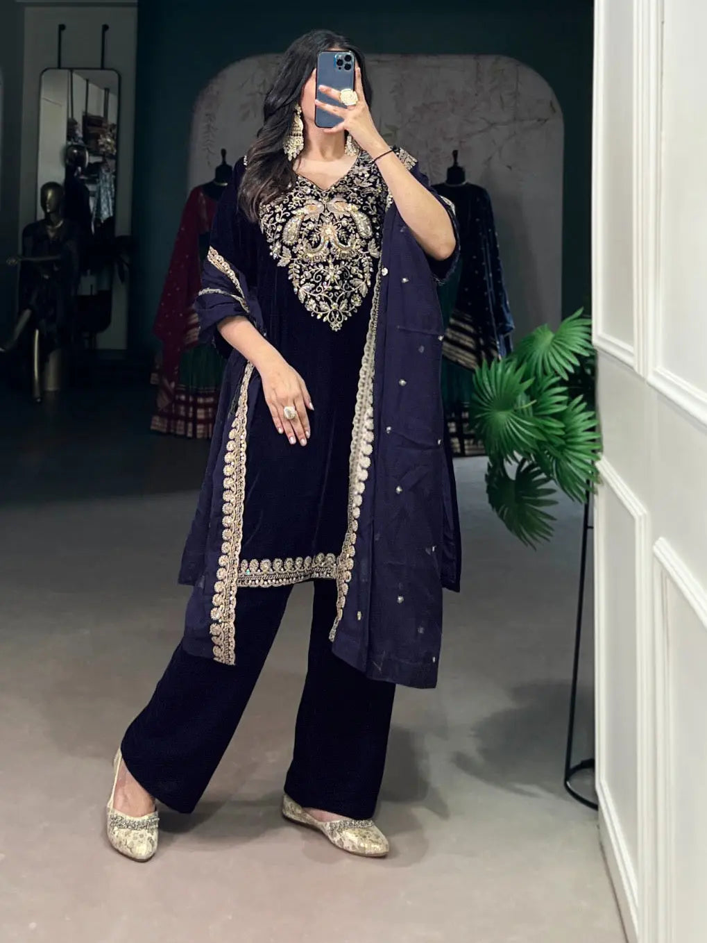 Ethenika Authentic Sequence Embroidery Work Designer Velvet Kurti Pant Dupatta Set (Ready to Wear) Ethenika.com