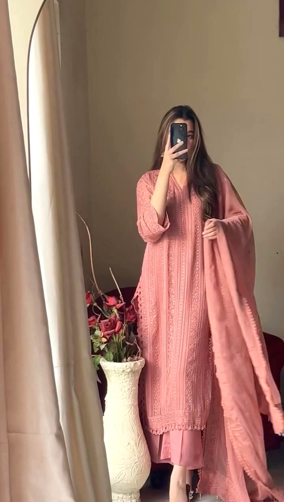 Ethenika Chinon Thread Embroidery Chikankari Work Kurti Pant Dupatta Set (Stitched) - Premium  from Ethenika.com  - Just INR 2990! Shop now at Ethenika.com 