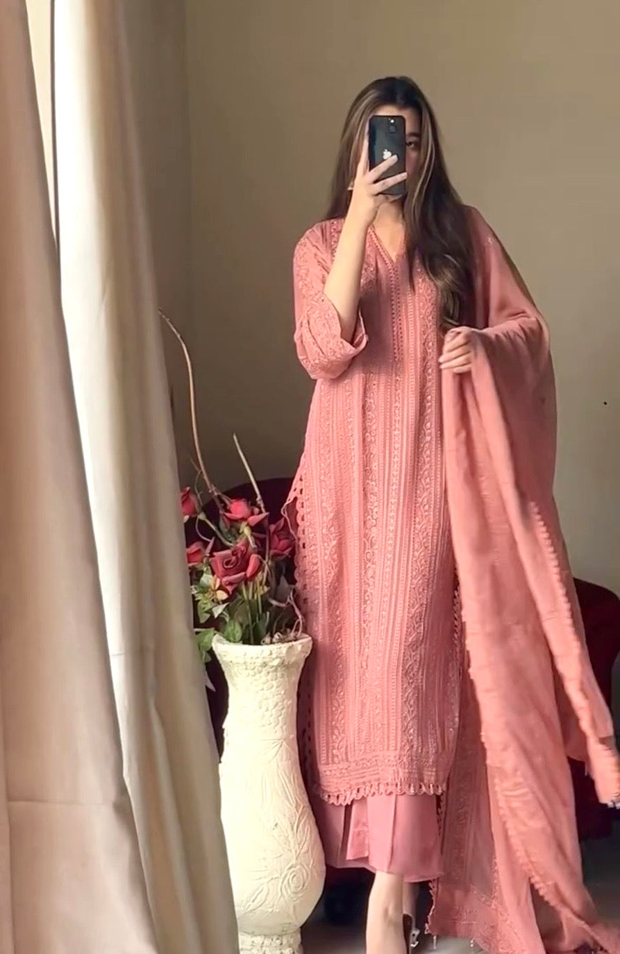 Ethenika Chinon Thread Embroidery Chikankari Work Kurti Pant Dupatta Set (Stitched) - Premium  from Ethenika.com  - Just INR 2990! Shop now at Ethenika.com 