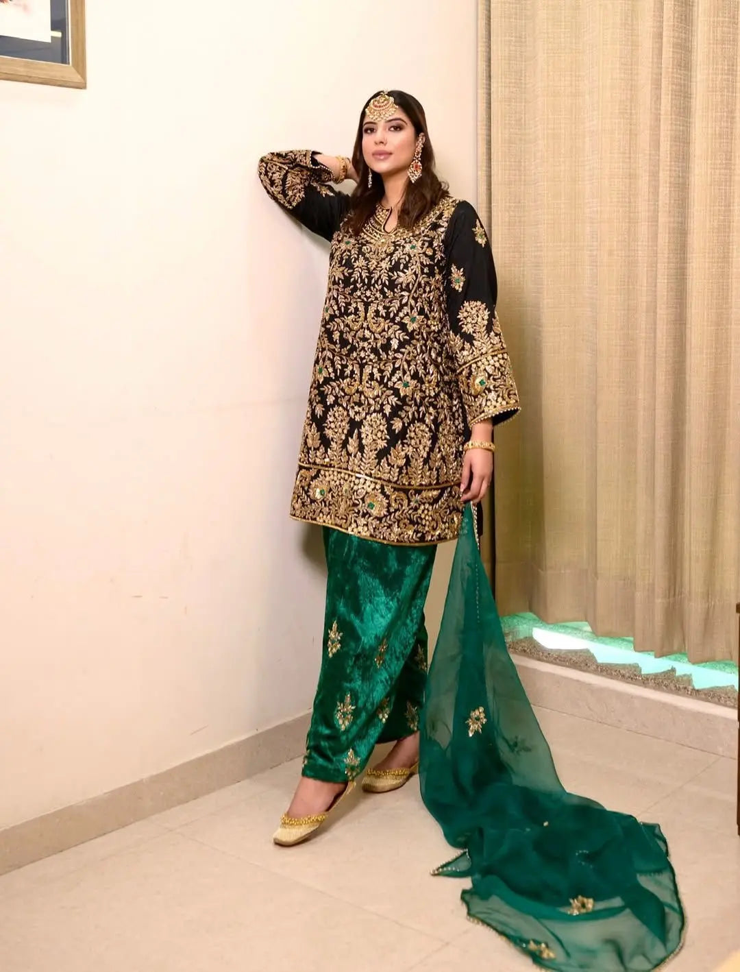 Ethenika Designer Sequence Embroidery Work Velvet Kurti Pant Dupatta Set (Ready To Wear) Ethenika.com
