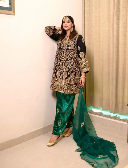 Ethenika Designer Sequence Embroidery Work Velvet Kurti Pant Dupatta Set (Ready To Wear) Ethenika.com
