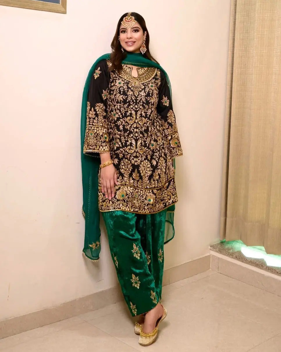 Ethenika Designer Sequence Embroidery Work Velvet Kurti Pant Dupatta Set (Ready To Wear) Ethenika.com