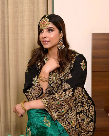 Ethenika Designer Sequence Embroidery Work Velvet Kurti Pant Dupatta Set (Ready To Wear) Ethenika.com
