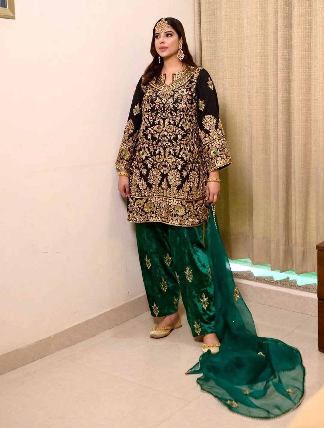 Ethenika Designer Sequence Embroidery Work Velvet Kurti Pant Dupatta Set (Ready To Wear) Ethenika.com