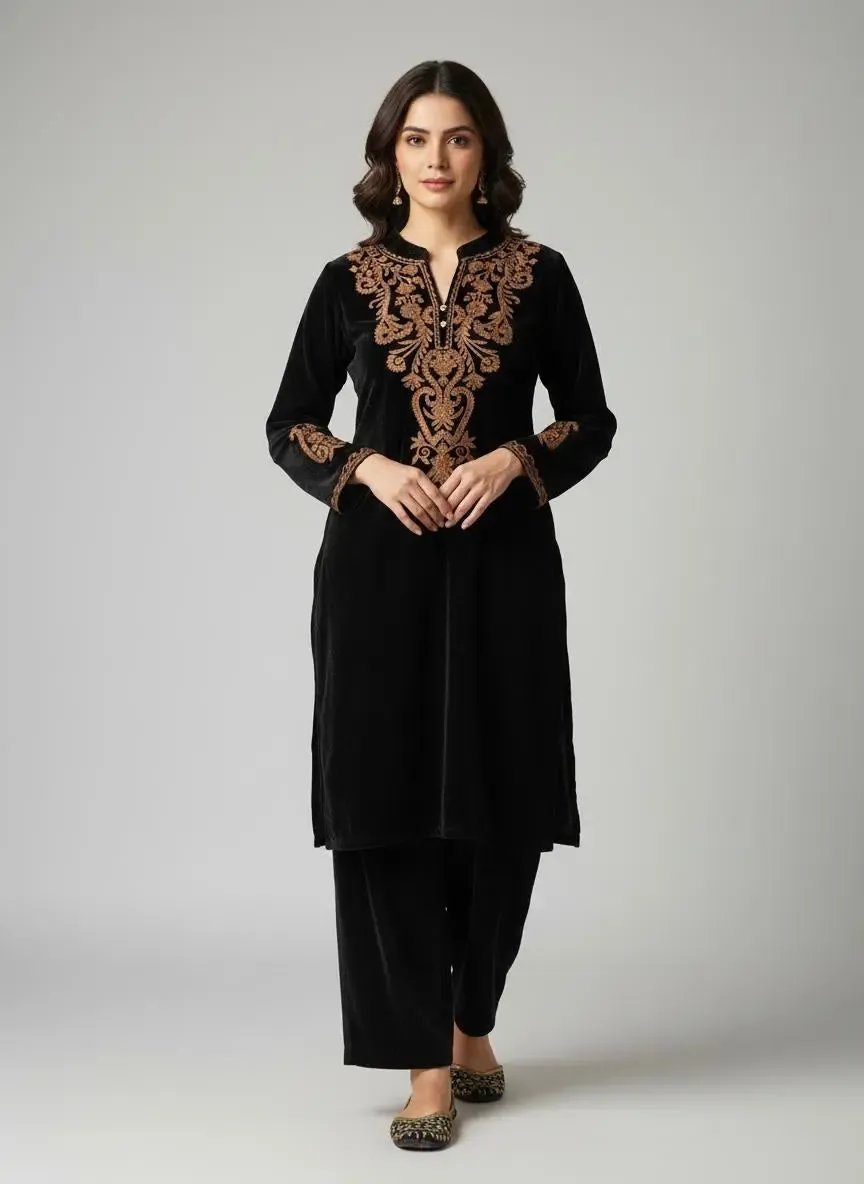 Ethenika Embroidery Work Velvet Cord Set Ethenika.com