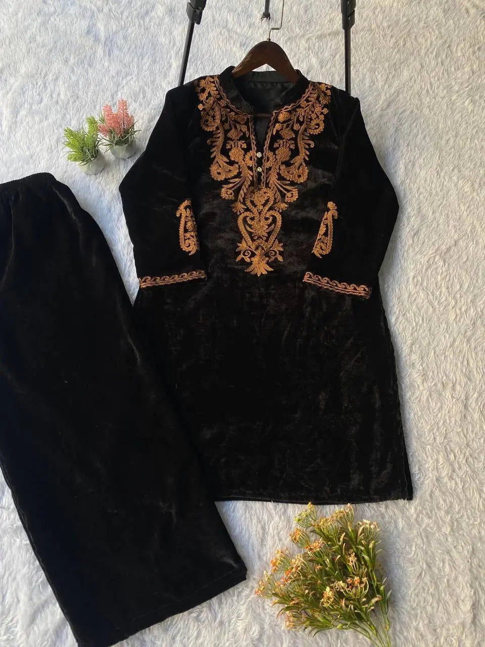 Ethenika Embroidery Work Velvet Cord Set Ethenika.com