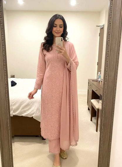 Ethenika Faux Georgette Chikankari Kurti Pant Dupatta Ethenika.com