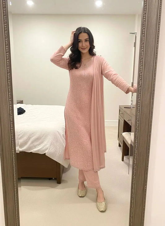 Ethenika Faux Georgette Chikankari Kurti Pant Dupatta Ethenika.com