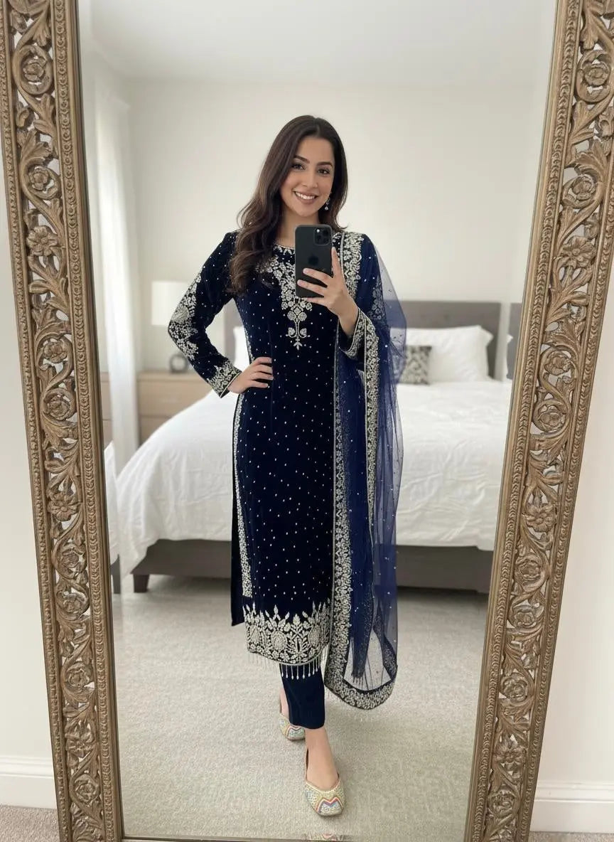 Ethenika Moti Work Designer Ready to Wear Velvet Kurti Pant Dupatta Set Ethenika.com