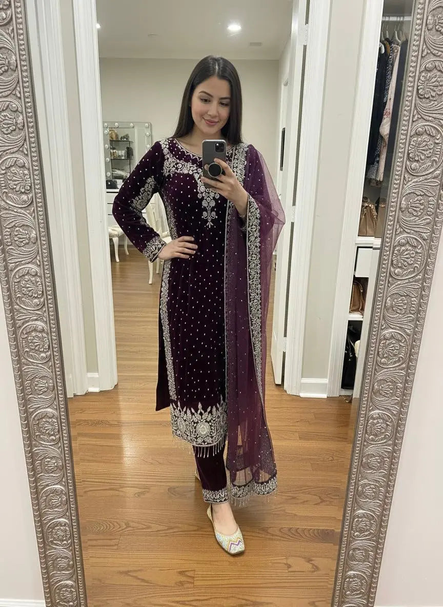 Ethenika Moti Work Designer Ready to Wear Velvet Kurti Pant Dupatta Set Ethenika.com
