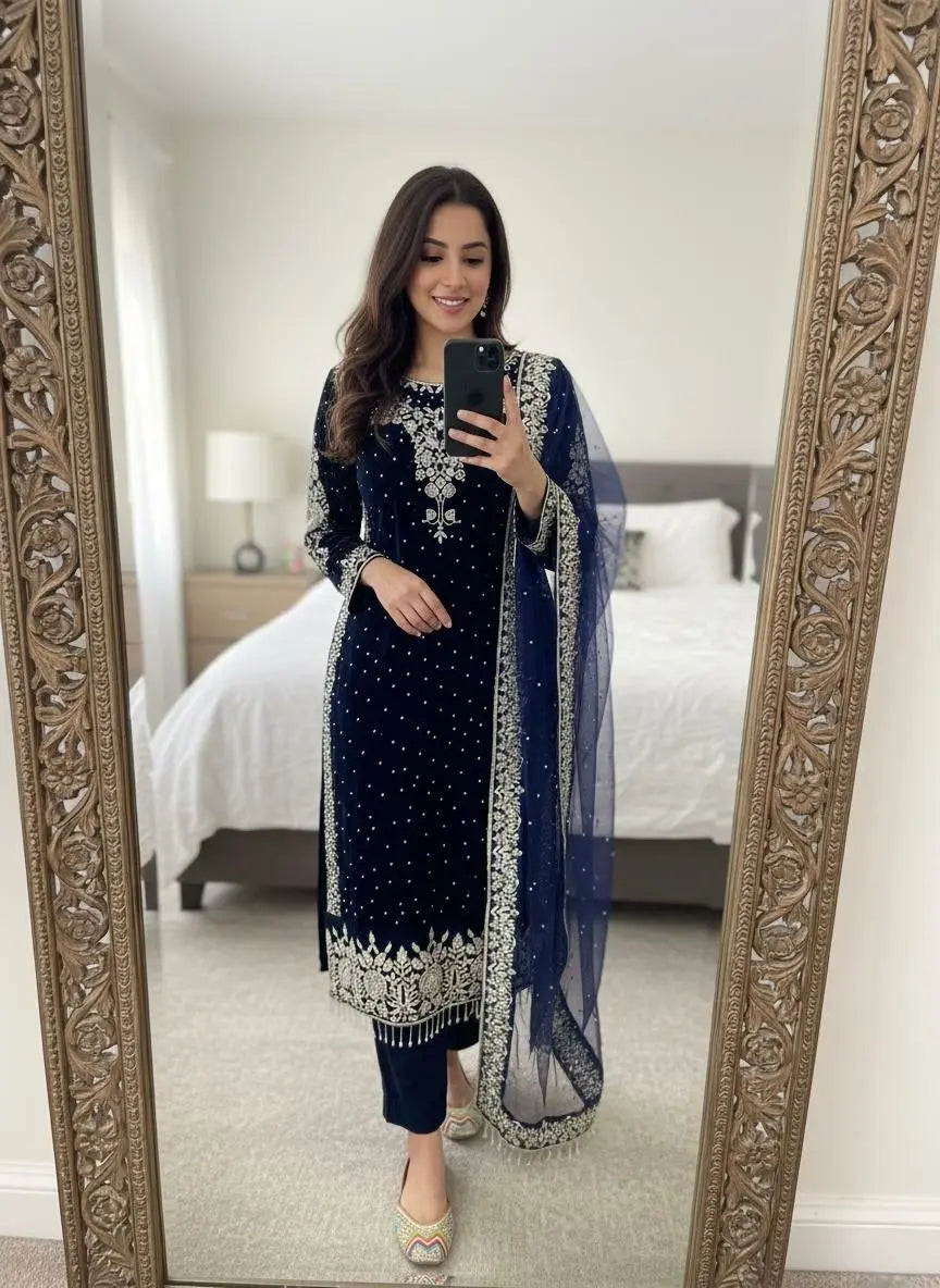 Ethenika Moti Work Designer Ready to Wear Velvet Kurti Pant Dupatta Set Ethenika.com