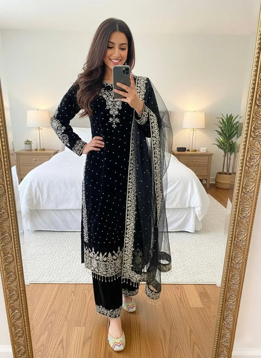 Ethenika Moti Work Designer Ready to Wear Velvet Kurti Pant Dupatta Set Ethenika.com