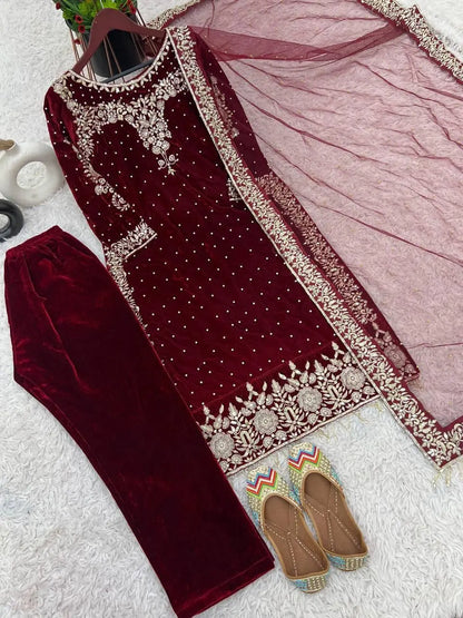 Ethenika Moti Work Designer Ready to Wear Velvet Kurti Pant Dupatta Set Ethenika.com