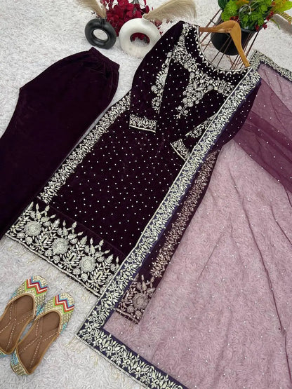 Ethenika Moti Work Designer Ready to Wear Velvet Kurti Pant Dupatta Set Ethenika.com