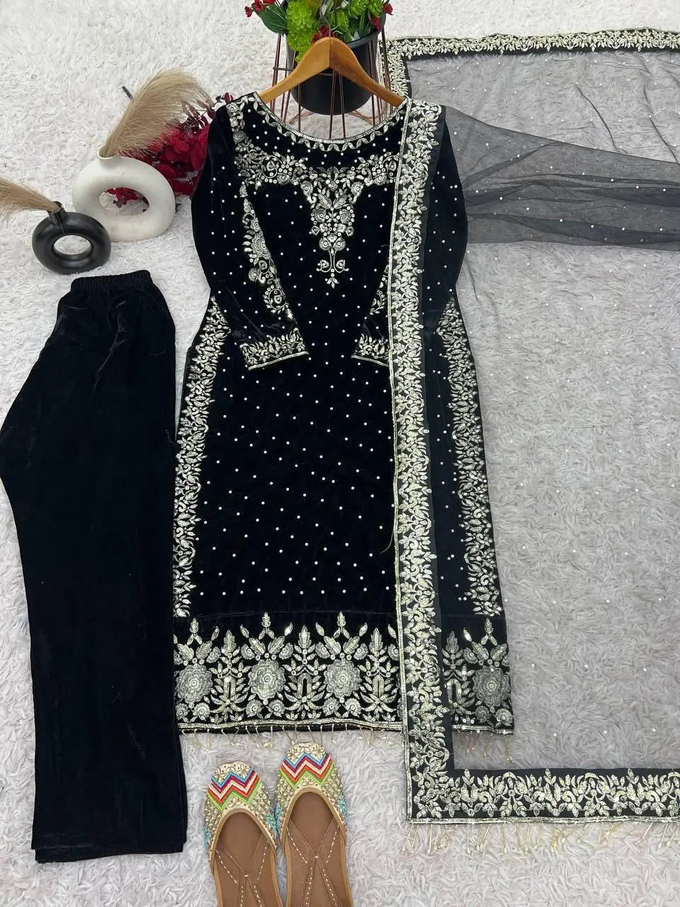Ethenika Moti Work Designer Ready to Wear Velvet Kurti Pant Dupatta Set Ethenika.com