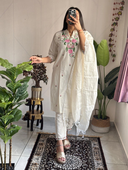 Ethenika Original Khadi Cotton Embroidery work Summer Special Kurti Pant Dupatta Set (Stitched) Ethenika.com