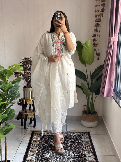 Ethenika Original Khadi Cotton Embroidery work Summer Special Kurti Pant Dupatta Set (Stitched) Ethenika.com