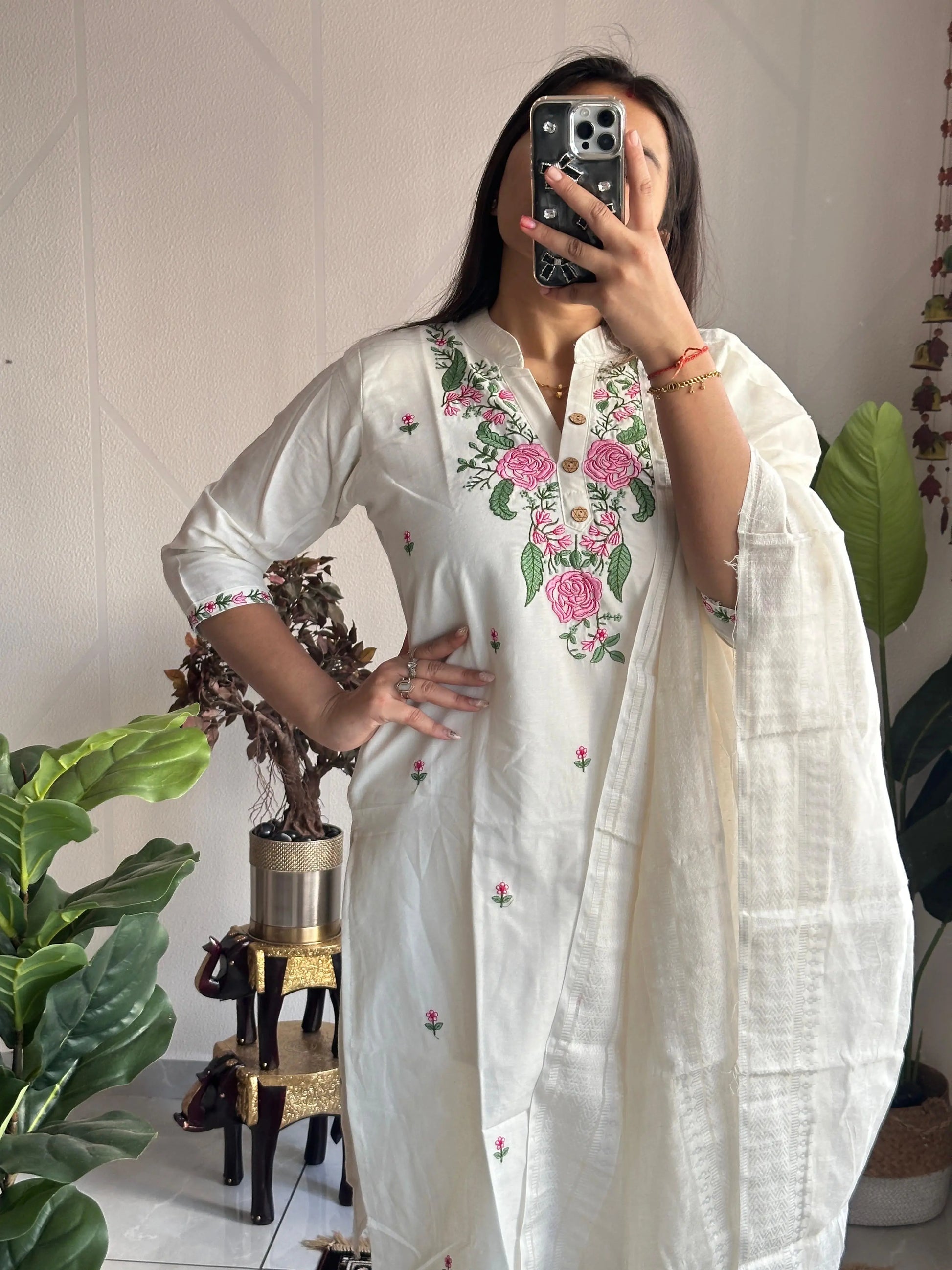 Ethenika Original Khadi Cotton Embroidery work Summer Special Kurti Pant Dupatta Set (Stitched) Ethenika.com