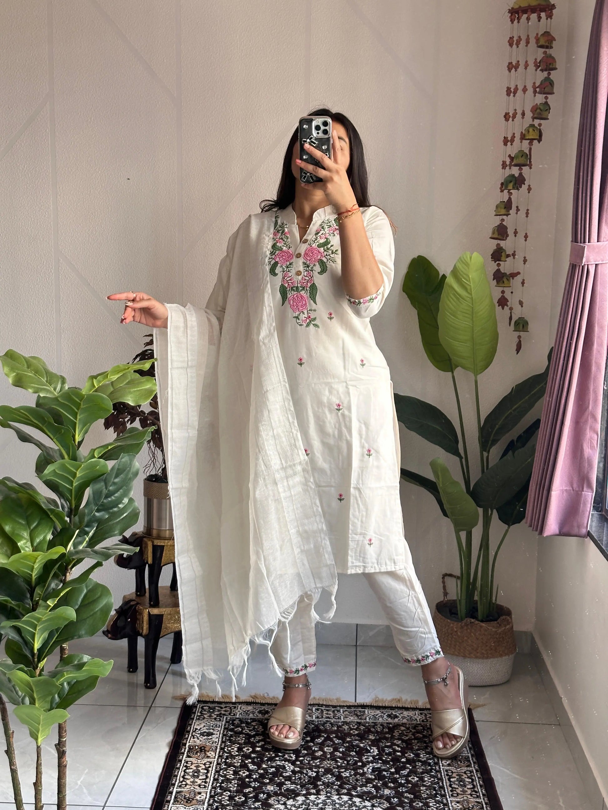 Ethenika Original Khadi Cotton Embroidery work Summer Special Kurti Pant Dupatta Set (Stitched) Ethenika.com