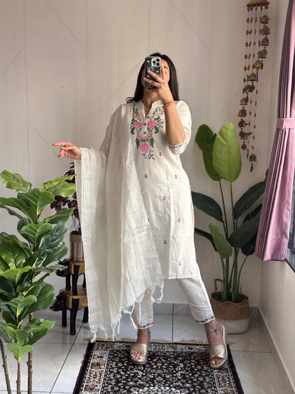 Ethenika Original Khadi Cotton Embroidery work Summer Special Kurti Pant Dupatta Set (Stitched) Ethenika.com