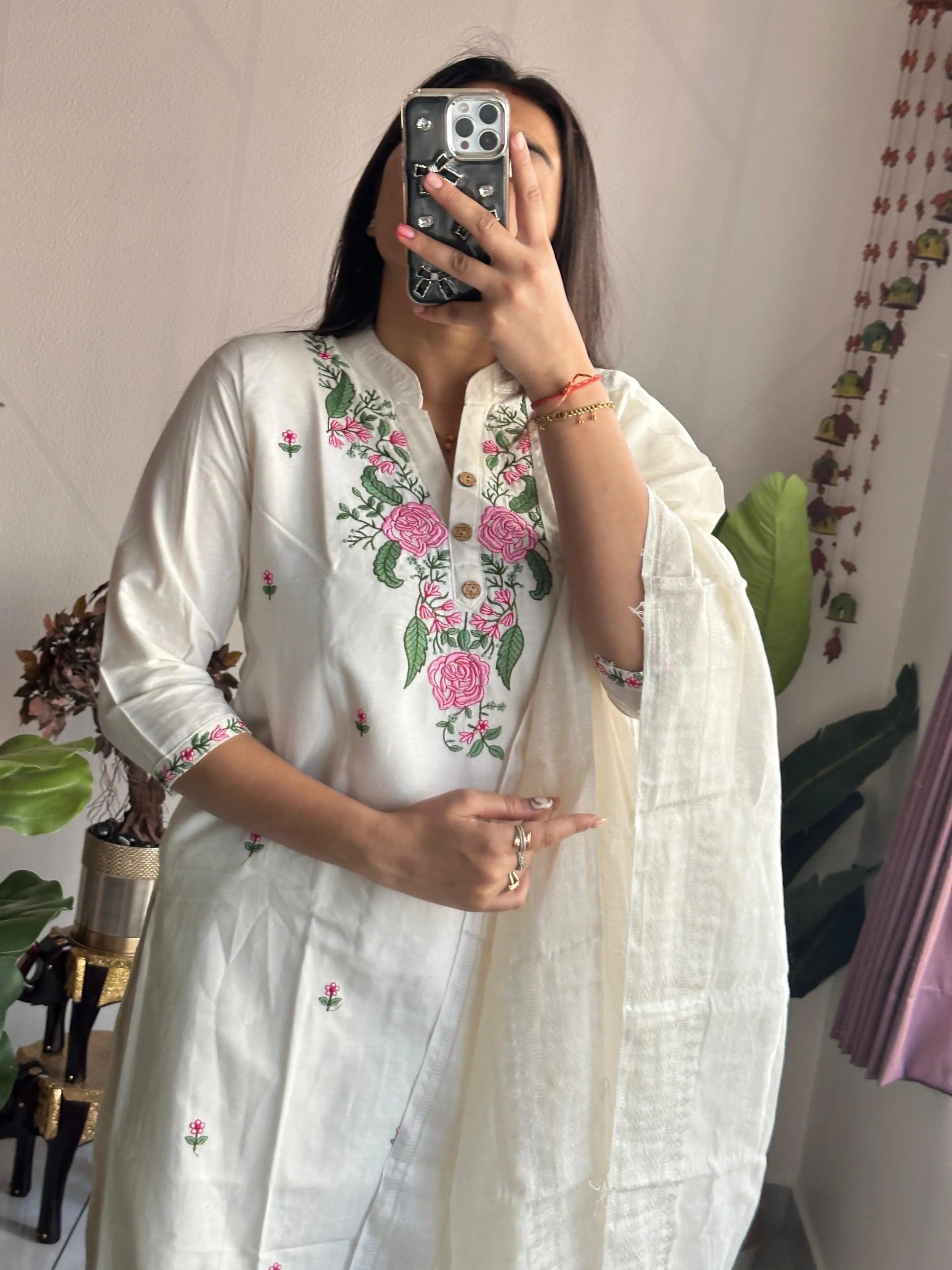 Ethenika Original Khadi Cotton Embroidery work Summer Special Kurti Pant Dupatta Set (Stitched) Ethenika.com