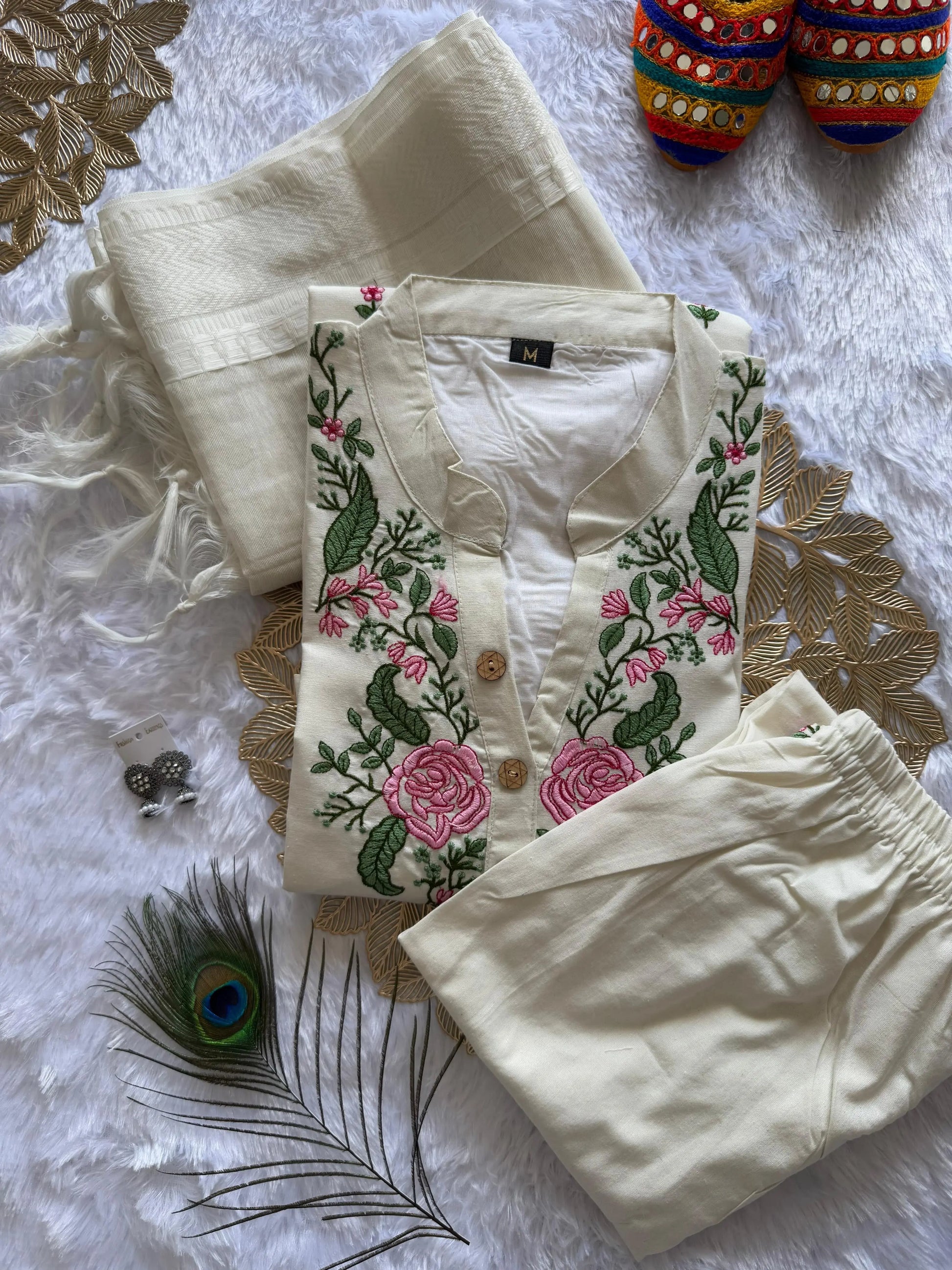 Ethenika Original Khadi Cotton Embroidery work Summer Special Kurti Pant Dupatta Set (Stitched) Ethenika.com