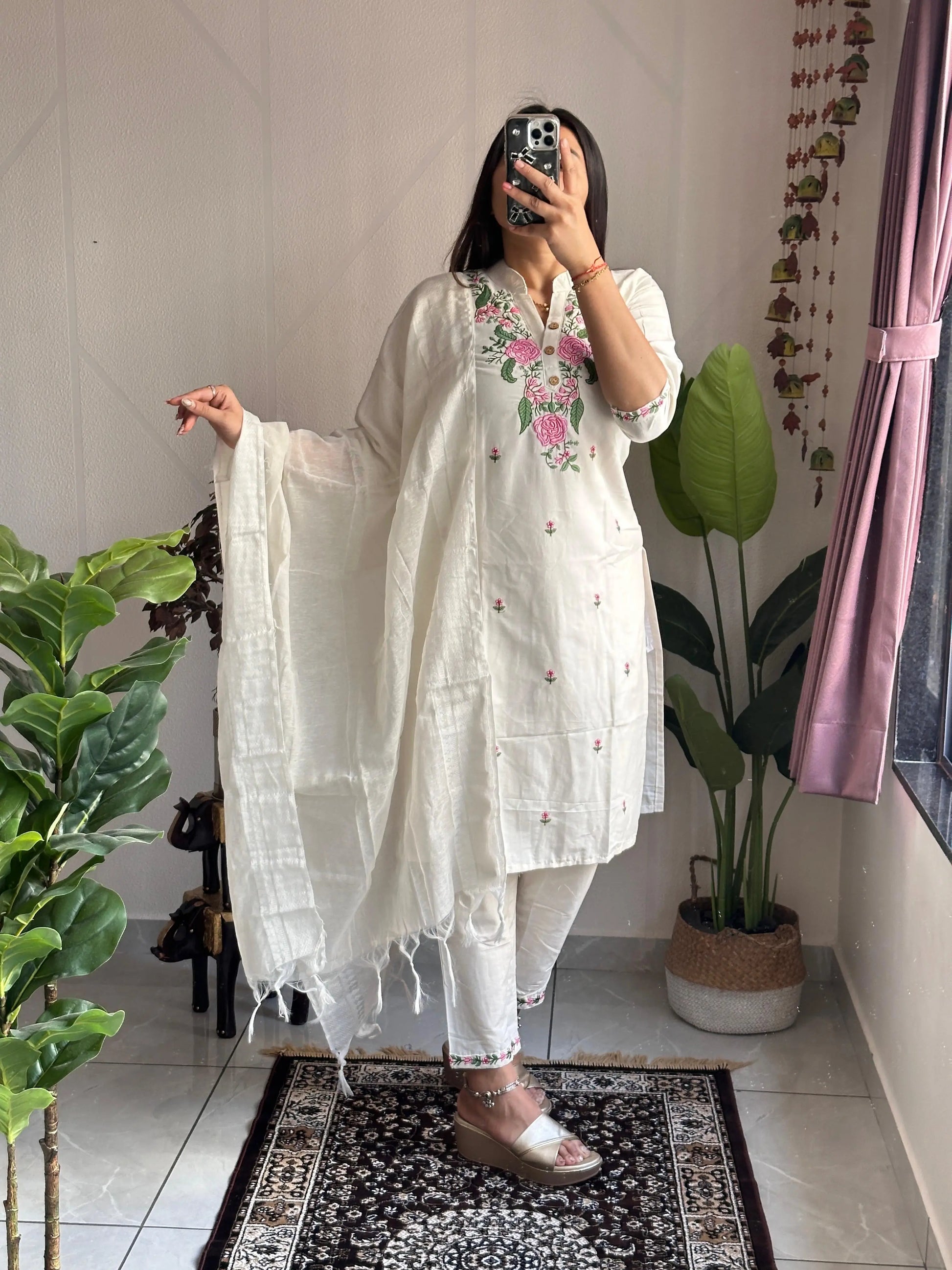 Ethenika Original Khadi Cotton Embroidery work Summer Special Kurti Pant Dupatta Set (Stitched) Ethenika.com