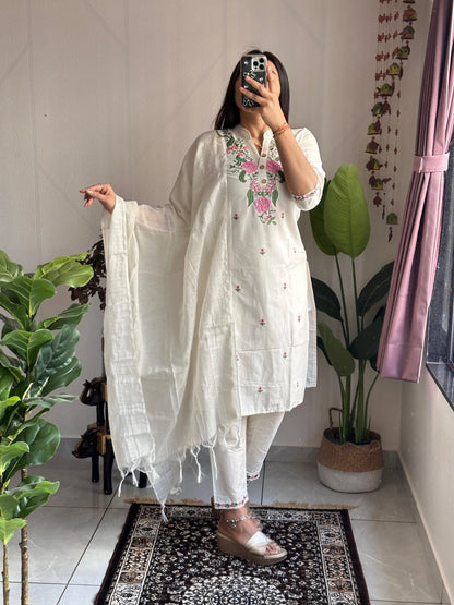 Ethenika Original Khadi Cotton Embroidery work Summer Special Kurti Pant Dupatta Set (Stitched) Ethenika.com