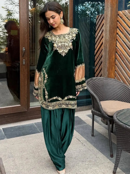 Ethenika Original Sequence Embroidery Work Designer Party Wear Velvet Kurti Pant Dupatta Set (Ready To Wear) Ethenika.com