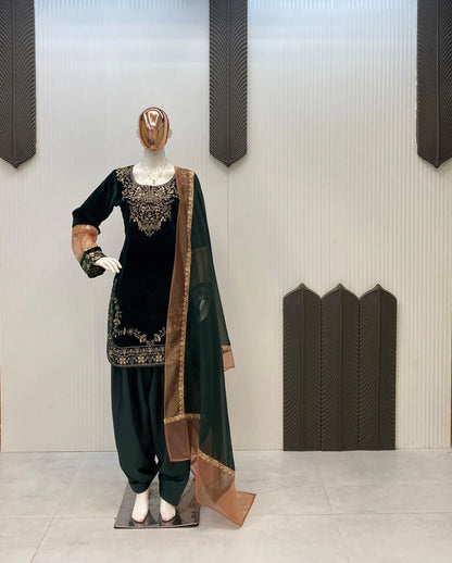 Ethenika Original Sequence Embroidery Work Designer Party Wear Velvet Kurti Pant Dupatta Set (Ready To Wear) Ethenika.com