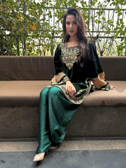 Ethenika Original Sequence Embroidery Work Designer Party Wear Velvet Kurti Pant Dupatta Set (Ready To Wear) Ethenika.com