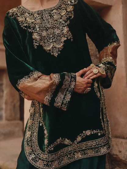 Ethenika Original Sequence Embroidery Work Designer Party Wear Velvet Kurti Pant Dupatta Set (Ready To Wear) Ethenika.com