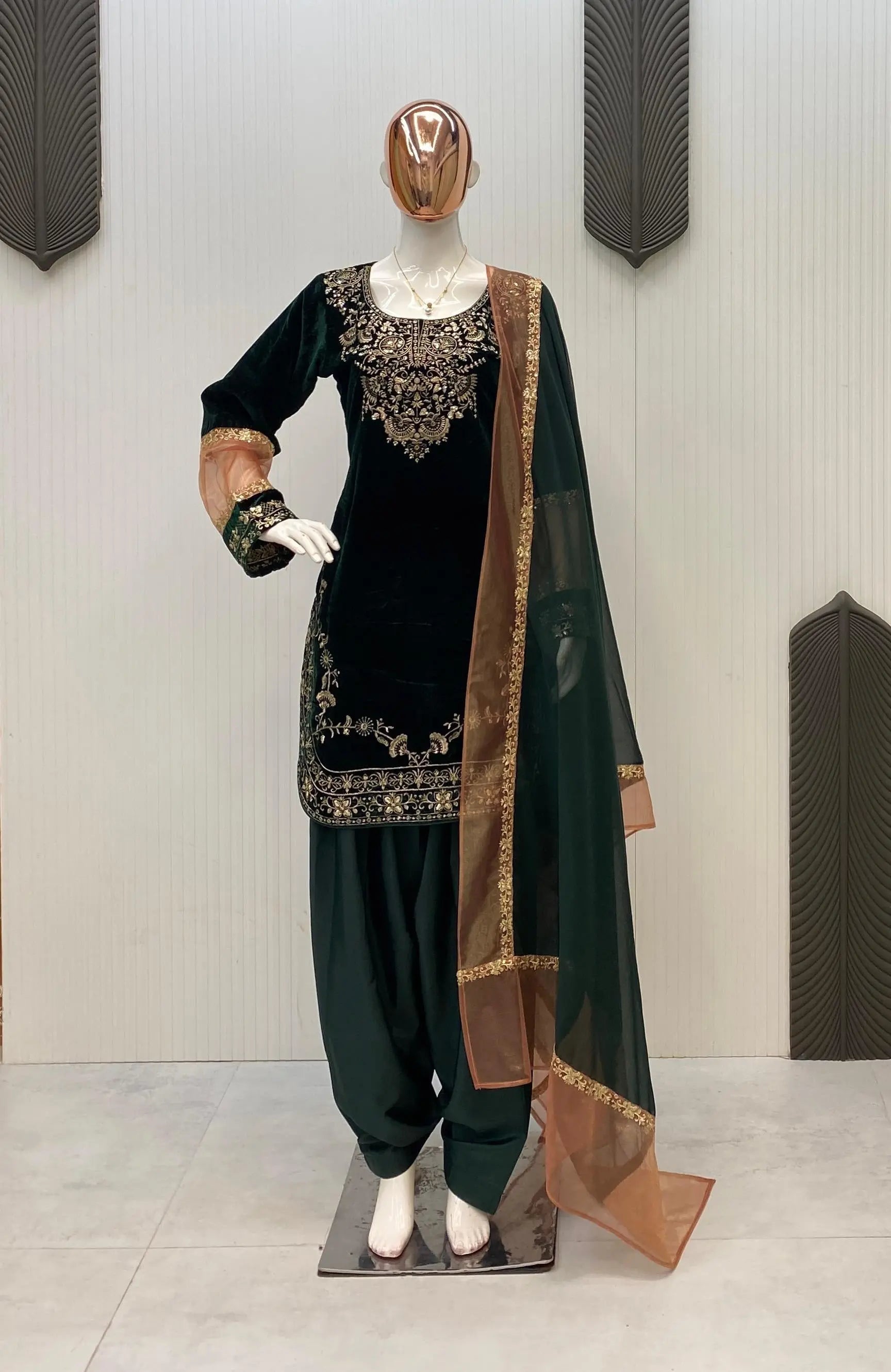 Ethenika Original Sequence Embroidery Work Designer Party Wear Velvet Kurti Pant Dupatta Set (Ready To Wear) Ethenika.com