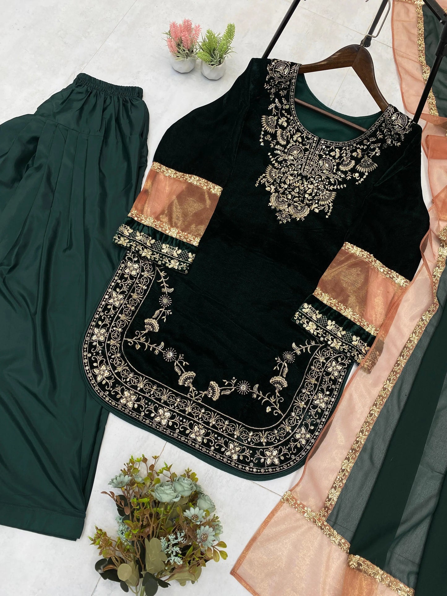 Ethenika Original Sequence Embroidery Work Designer Party Wear Velvet Kurti Pant Dupatta Set (Ready To Wear) Ethenika.com