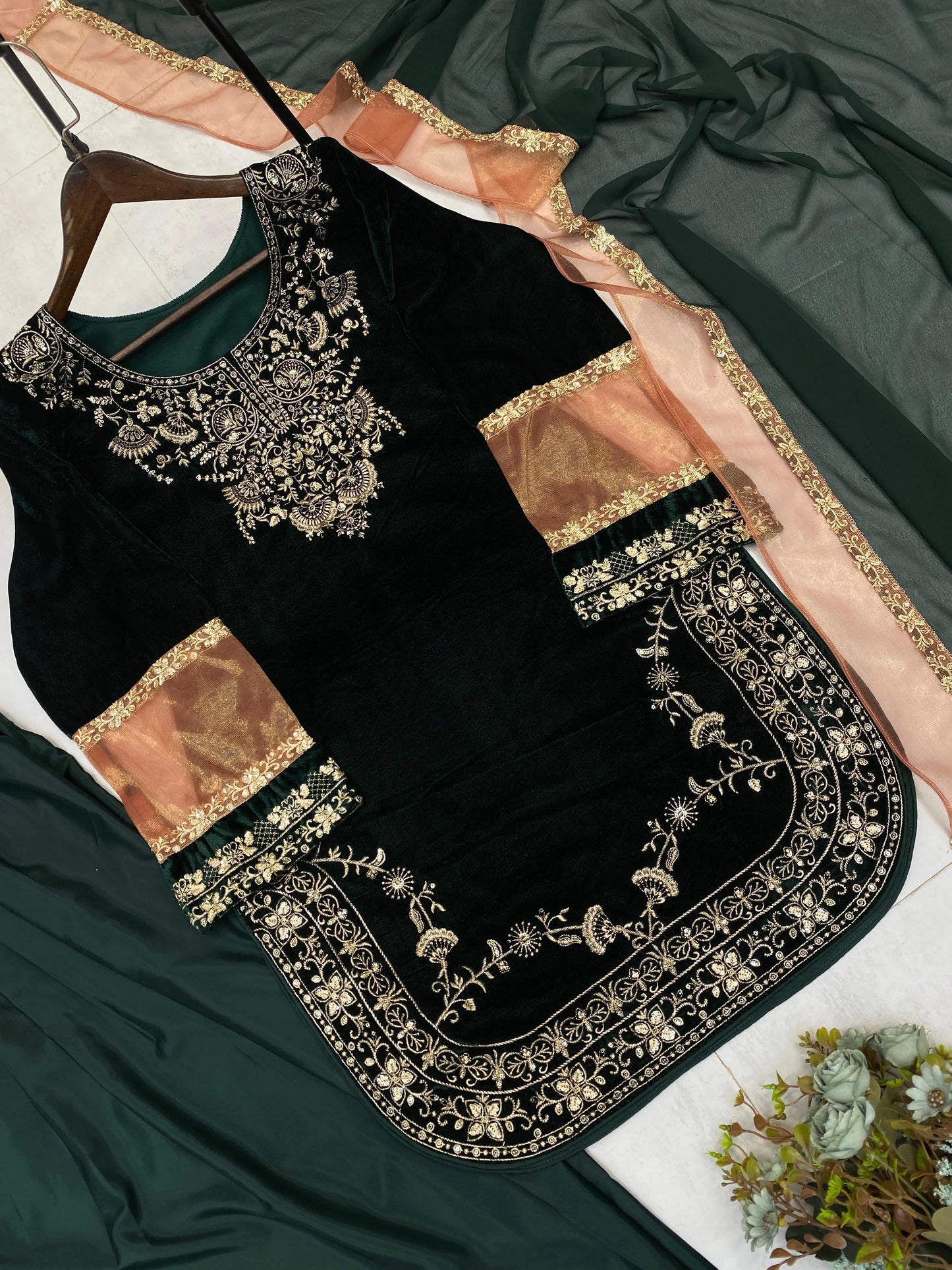 Ethenika Original Sequence Embroidery Work Designer Party Wear Velvet Kurti Pant Dupatta Set (Ready To Wear) Ethenika.com