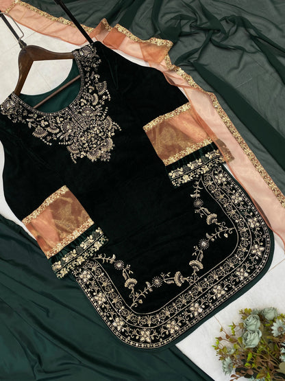 Ethenika Original Sequence Embroidery Work Designer Party Wear Velvet Kurti Pant Dupatta Set (Ready To Wear) Ethenika.com