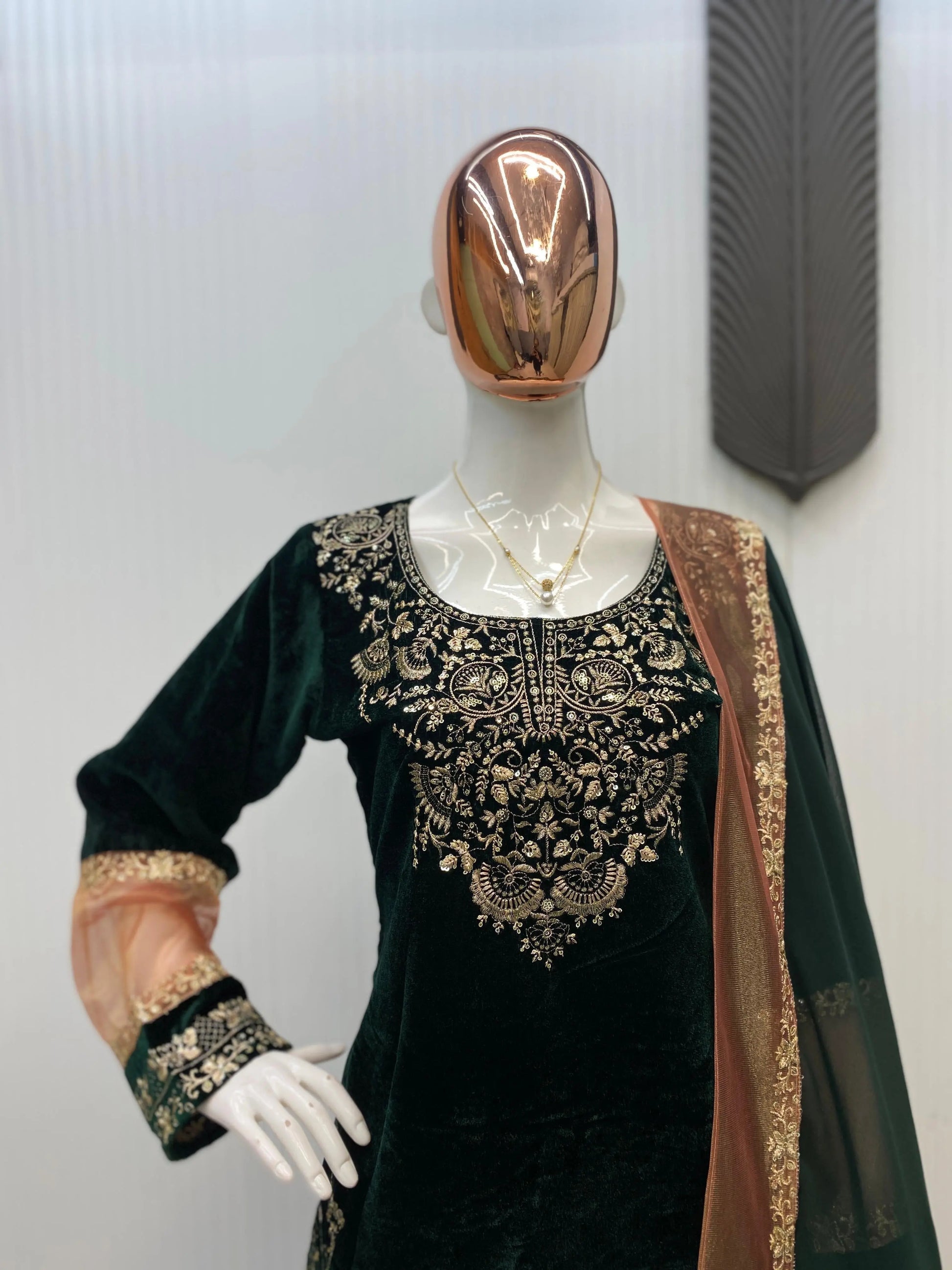 Ethenika Original Sequence Embroidery Work Designer Party Wear Velvet Kurti Pant Dupatta Set (Ready To Wear) Ethenika.com