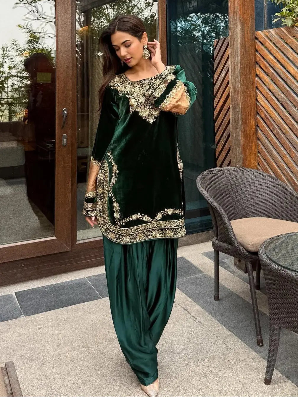 Ethenika Original Sequence Embroidery Work Designer Party Wear Velvet Kurti Pant Dupatta Set (Ready To Wear) Ethenika.com