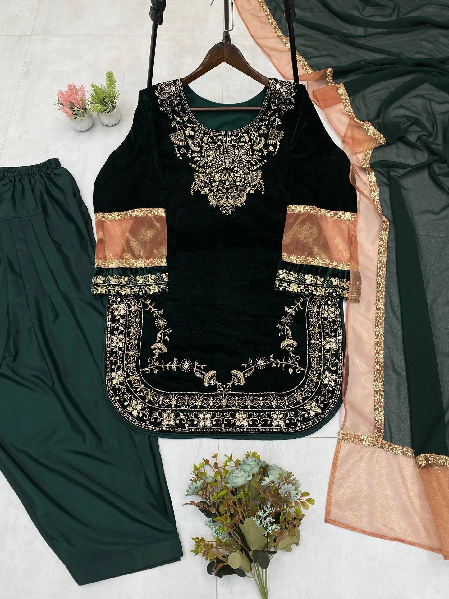 Ethenika Original Sequence Embroidery Work Designer Party Wear Velvet Kurti Pant Dupatta Set (Ready To Wear) Ethenika.com