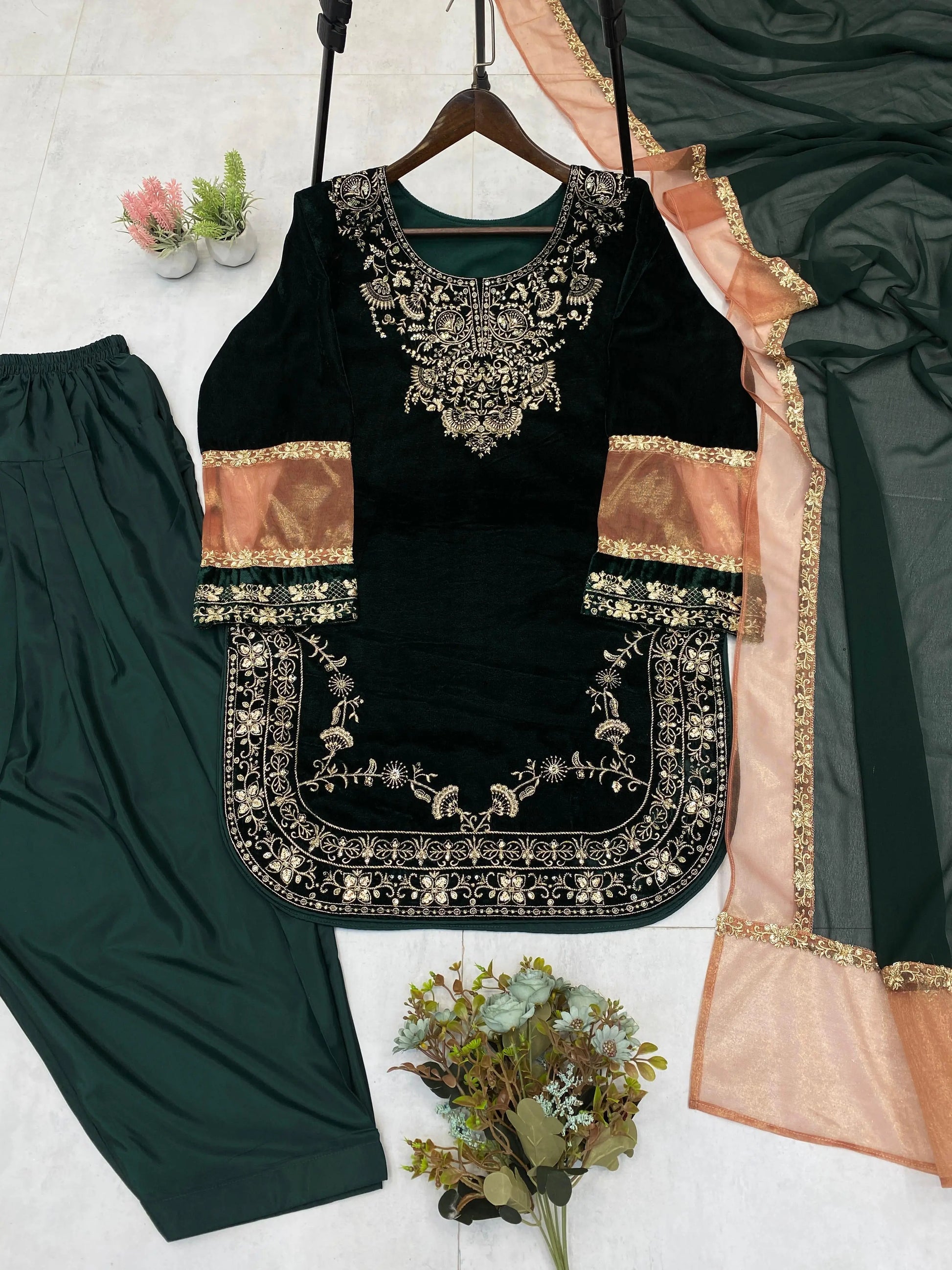 Ethenika Original Sequence Embroidery Work Designer Party Wear Velvet Kurti Pant Dupatta Set (Ready To Wear) Ethenika.com