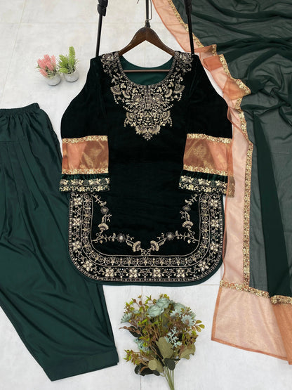Ethenika Original Sequence Embroidery Work Designer Party Wear Velvet Kurti Pant Dupatta Set (Ready To Wear) Ethenika.com