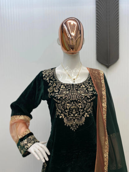Ethenika Original Sequence Embroidery Work Designer Party Wear Velvet Kurti Pant Dupatta Set (Ready To Wear) Ethenika.com