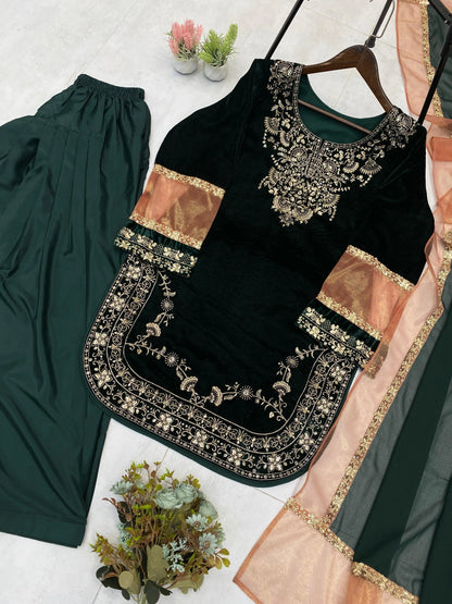 Ethenika Original Sequence Embroidery Work Designer Party Wear Velvet Kurti Pant Dupatta Set (Ready To Wear) Ethenika.com